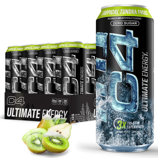 C4 Ultimate Frost Zero Sugar Energy Drink, Tri-Stim Experience with 300mg Caffeine + TeaCrine + Dynamine, Tropical Tundra Frost, 16oz (Pack of 12)