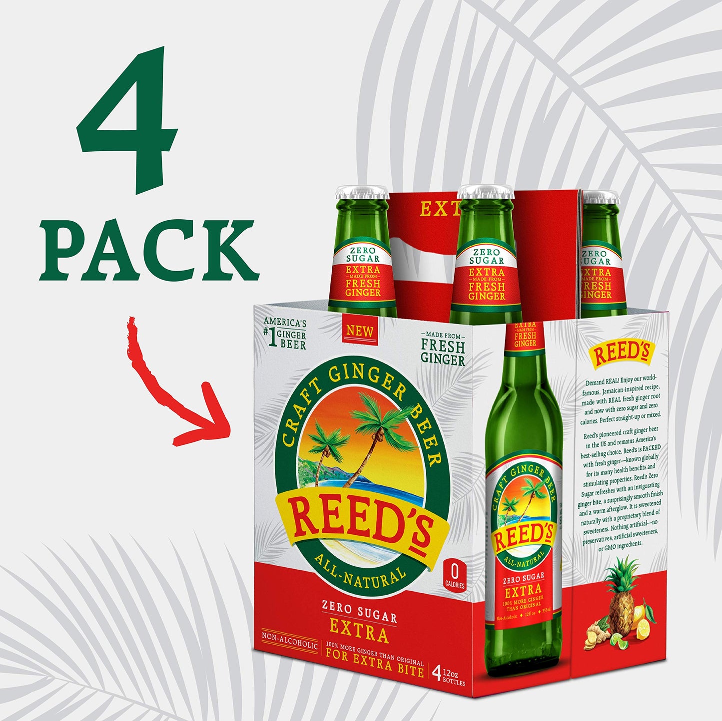 Reeds Ginger Brew, Soda Ginger Beer Zero Sugar Extra, 12 Fl Oz, 4 Pack
