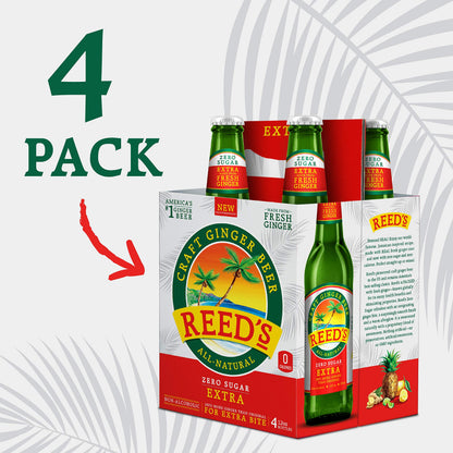 Reeds Ginger Brew, Soda Ginger Beer Zero Sugar Extra, 12 Fl Oz, 4 Pack