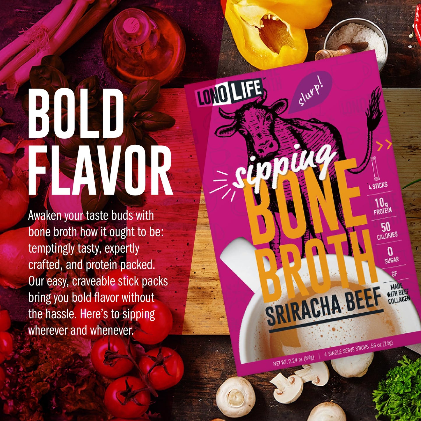 LonoLife Sriracha Chicken Bone Broth Powder Mix | 10g Protein | Collagen-Rich, Keto & Paleo Friendly | Natural Ingredients | 4 Portable Stick Pack Servings