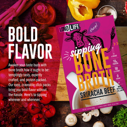 LonoLife Sriracha Chicken Bone Broth Powder Mix | 10g Protein | Collagen-Rich, Keto & Paleo Friendly | Natural Ingredients | 4 Portable Stick Pack Servings