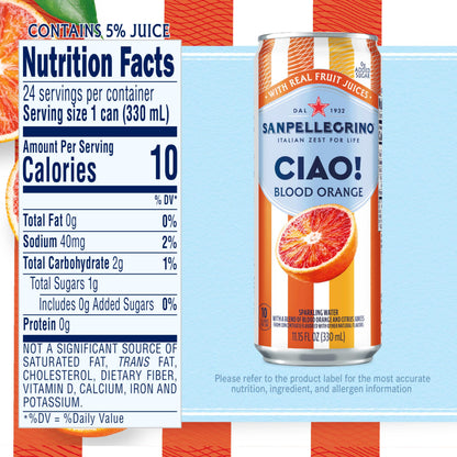 Sanpellegrino CIAO Blood Orange Sparkling Water, Low-Calorie Italian Sparkling Water with Real Fruit Juices, 0g Added Sugar, 24-Pack