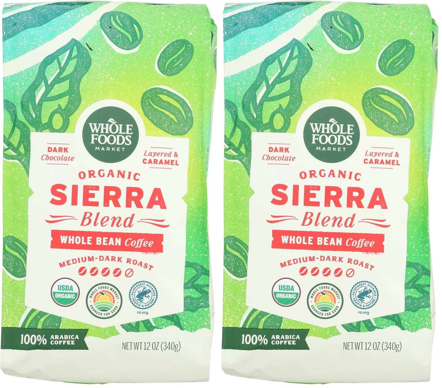 WHOLE FOODS MARKET Organic Whole Bean Sierra Blend Coffee, 12 OZ (Pack of 2)