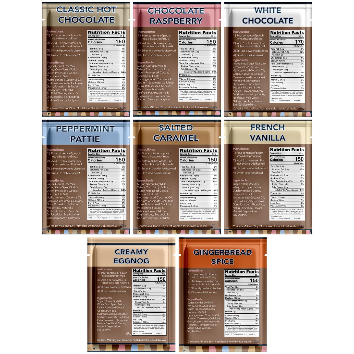 Double Donut Coffee Flavored Hot Chocolate Packets Variety Pack, 9 Count Includes Classic, Chocolate Raspberry, Salted Caramel, Peppermint, Eggnog & Gingerbread