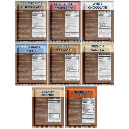 Double Donut Coffee Flavored Hot Chocolate Packets Variety Pack, 9 Count Includes Classic, Chocolate Raspberry, Salted Caramel, Peppermint, Eggnog & Gingerbread