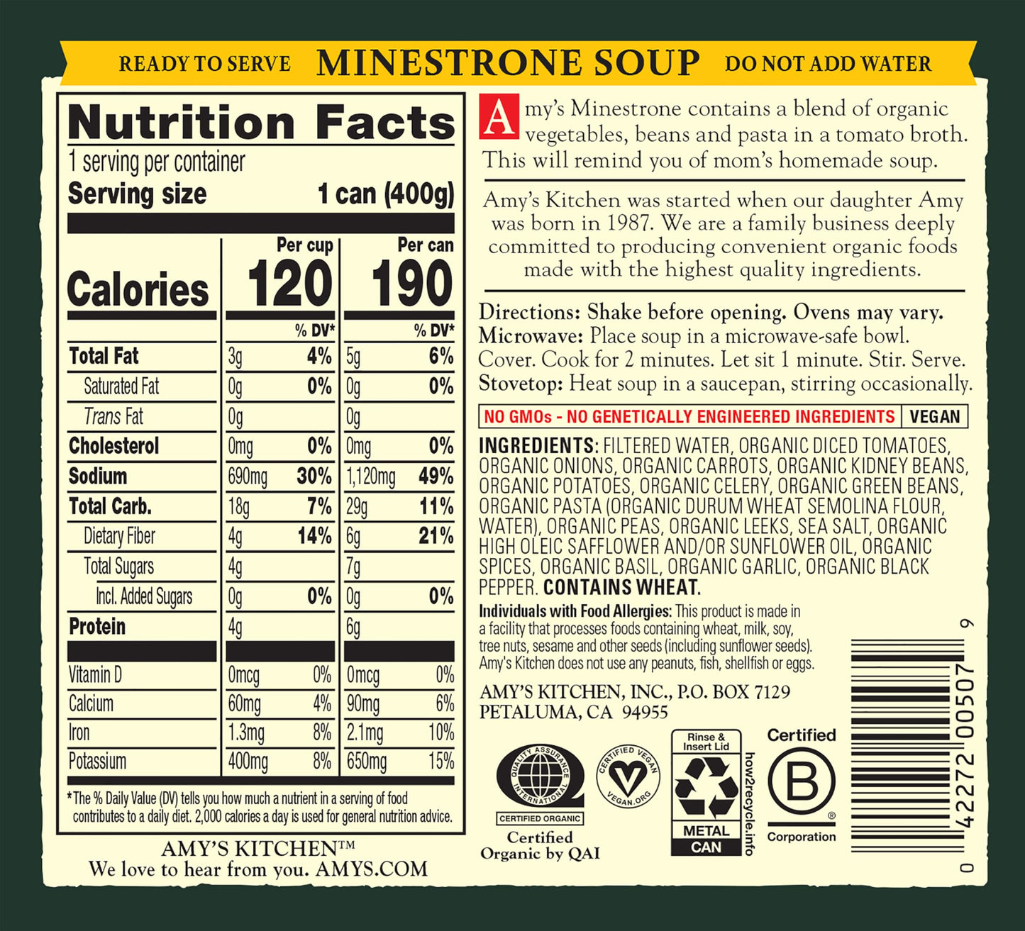 Amy's Soup, Vegan Hearty Minestrone, Made With Organic Vegetables, Beans and Pasta in Tomato Broth, Canned Soup, 14.1 Oz (12 Pack)