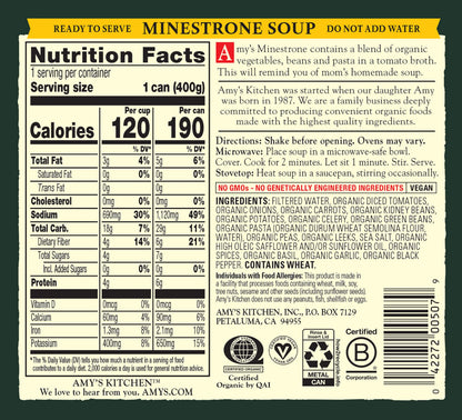 Amy's Soup, Vegan Hearty Minestrone, Made With Organic Vegetables, Beans and Pasta in Tomato Broth, Canned Soup, 14.1 Oz (12 Pack)