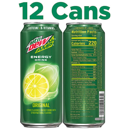 Mtn Dew AMP Energy, Original, Energy Drink with Caffeine, B Vitamins, 16 fl oz cans (12 Pack)