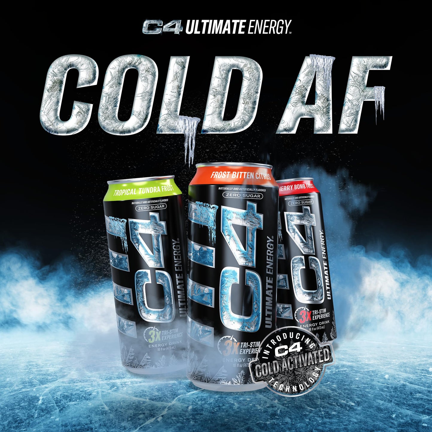 C4 Ultimate Frost Zero Sugar Energy Drink, Tri-Stim Experience with 300mg Caffeine + TeaCrine + Dynamine, Tropical Tundra Frost, 16oz (Pack of 12)