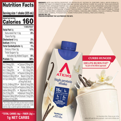 Atkins Vanilla High Protein Shake, 15g Protein, Low Glycemic, Low Carb and Low Sugar Protein Shakes, Keto Friendly Ready to Drink Shakes, 12 Vanilla Flavored Protein Shakes