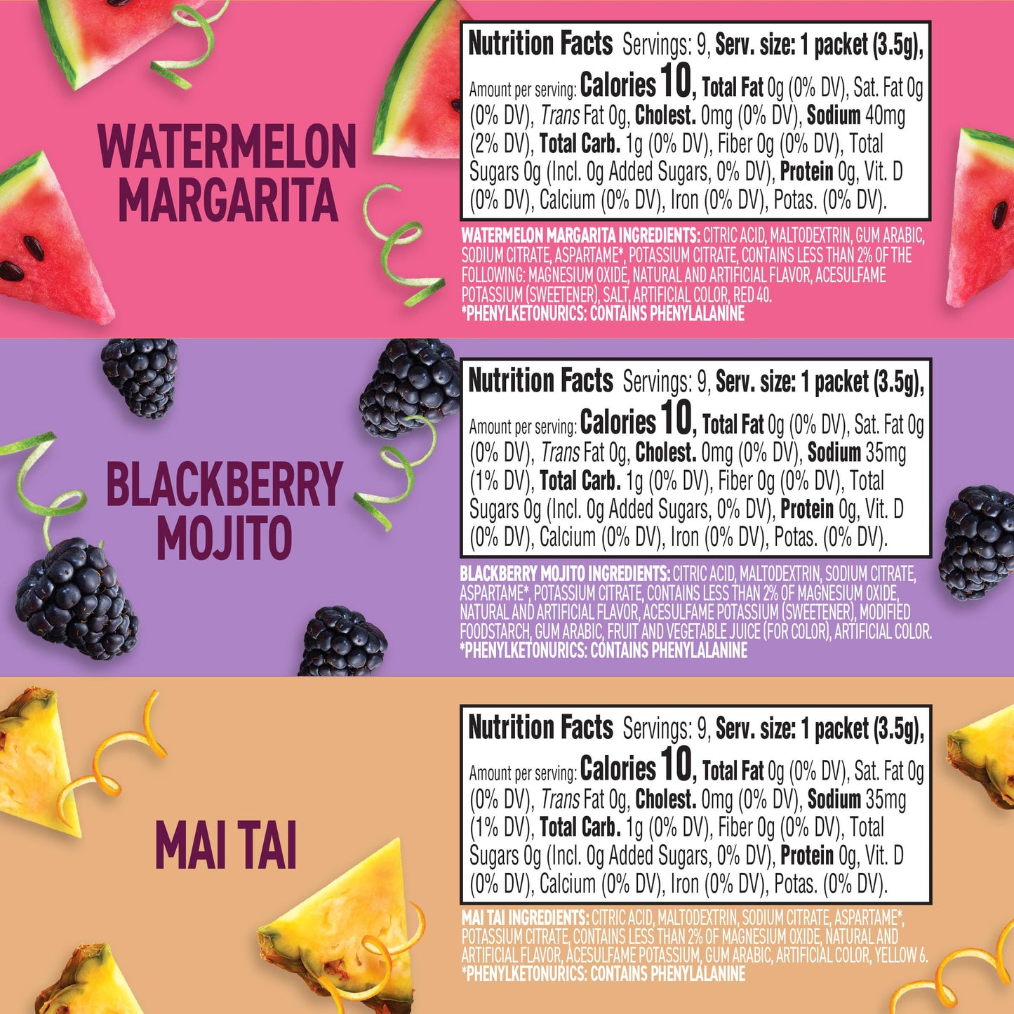 Crystal Light Mixology Drink Mix Variety Pack, 9 Packets, for Convenient On-the-Go Flavorful Hydration, Artificially Flavored Watermelon Margarita, Blackberry Mojito, Mai Tai, Zero Sugar, 1.17 oz