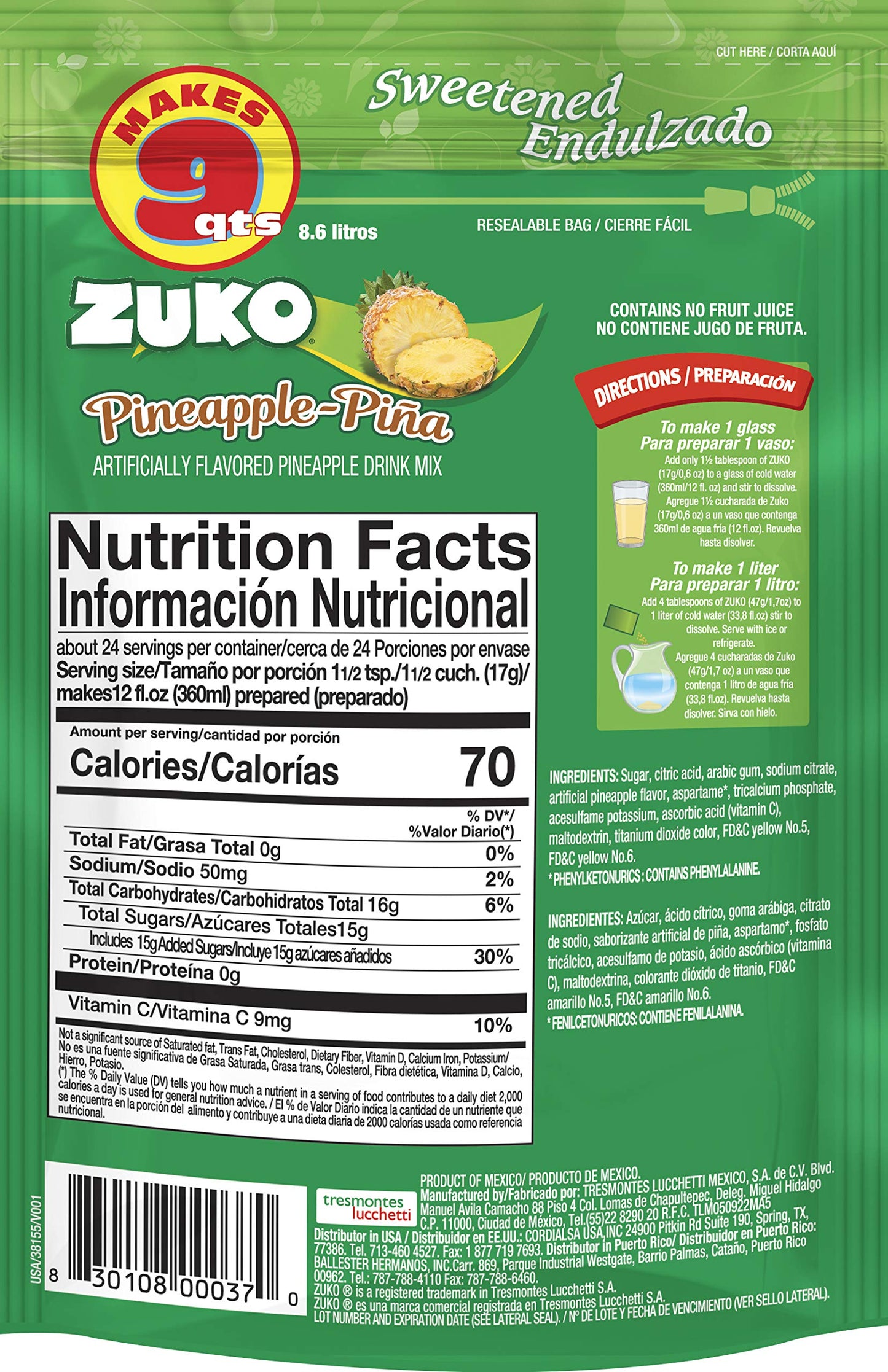 Zuko Pineapple Powdered Drink Mix Family Pack, No Added Sugar Needed, 14.1 oz (Pack of 6)