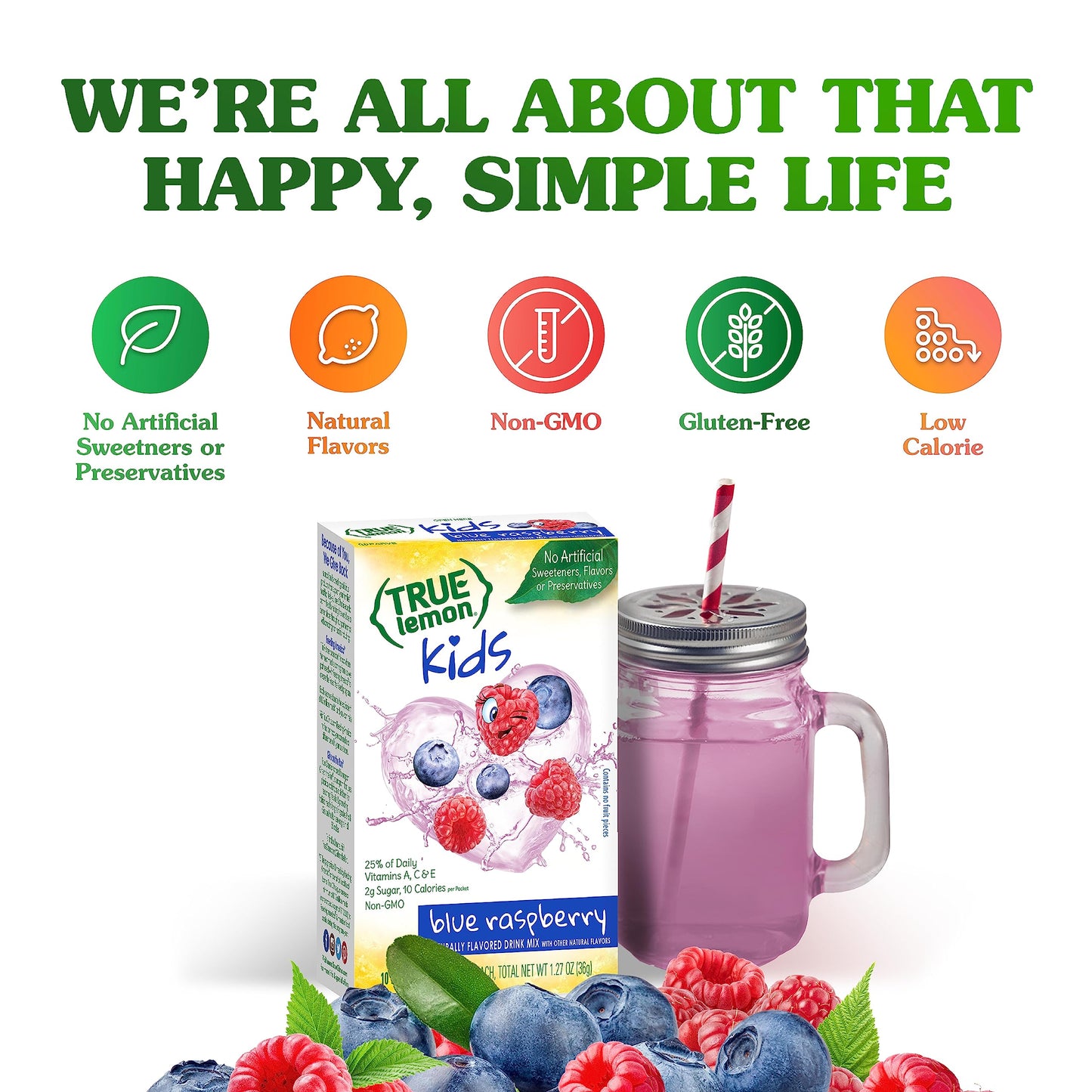 True Lemon Kids Blue Raspberry - Hydration for Kids - No Preservatives, No Artificial Flavors, No Artificial Sweeteners - Low Sugar Water Flavoring - Drink Mix for Kids - Kids Juice Powdered Drink Mix 10 count(pack of 2)