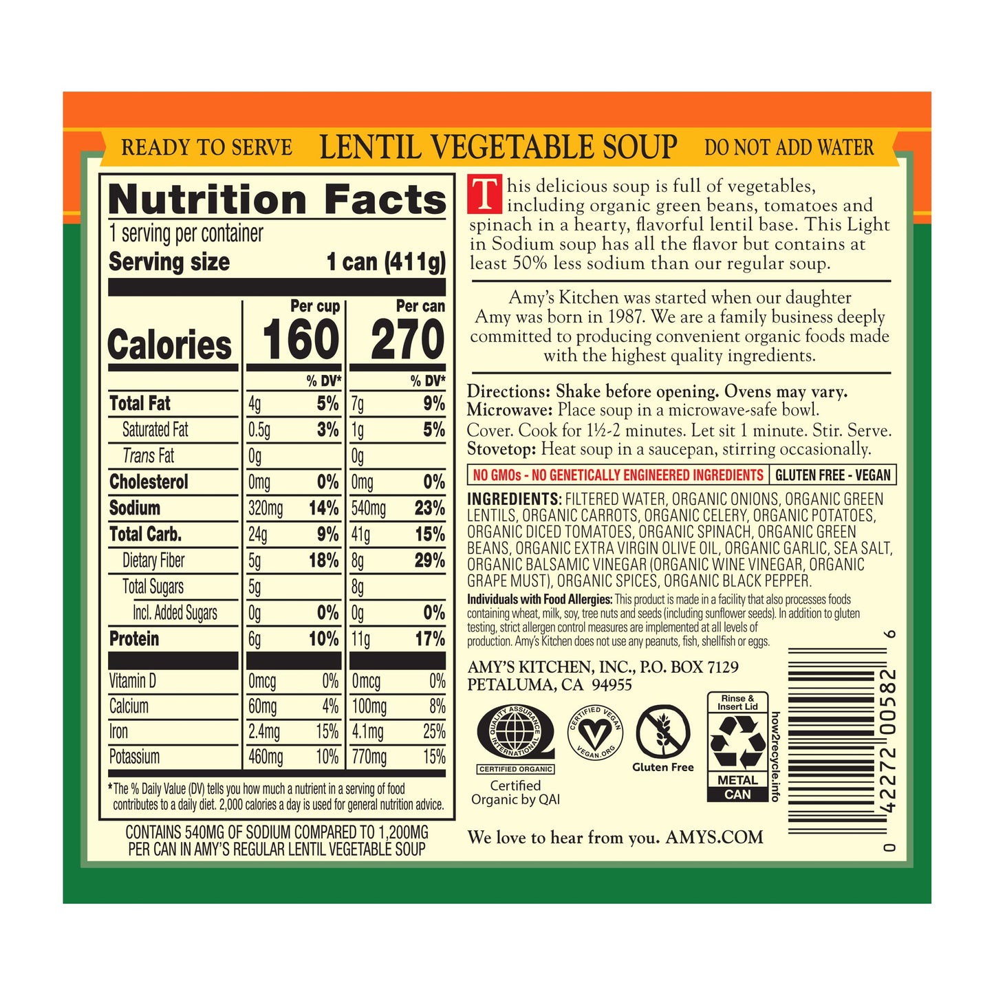 Amy's Lentil Vegetable Low Sodium Organic Soup, 14.5 Ounce