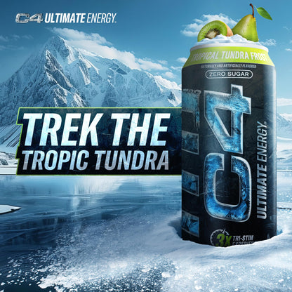 C4 Ultimate Frost Zero Sugar Energy Drink, Tri-Stim Experience with 300mg Caffeine + TeaCrine + Dynamine, Tropical Tundra Frost, 16oz (Pack of 12)