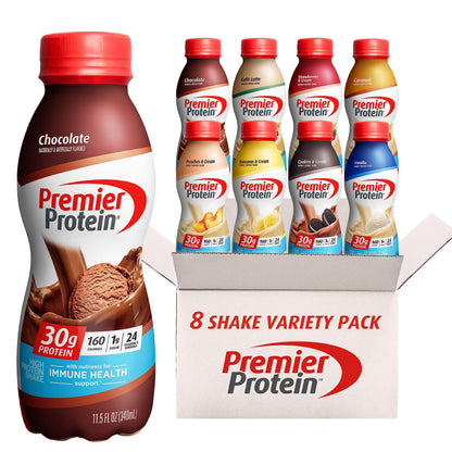 Premier Protein Shake MINIs Chocolate 22g Protein 120 Cal Pack of 12 & Protein Shake 8 Flavor Variety Pack 30g Protein 24 Vitamins 11.5oz 8 Pack