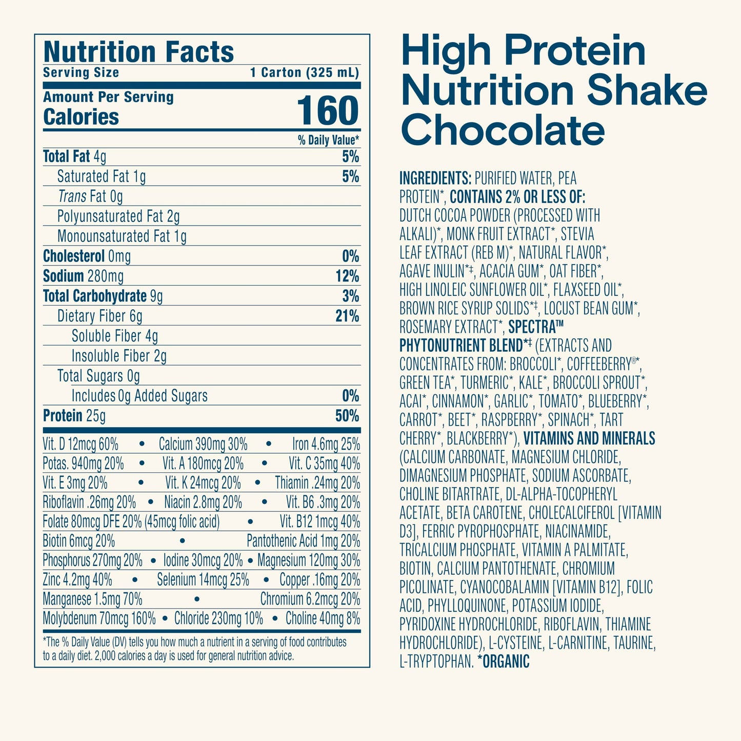 KATE FARMS Organic High Protein Chocolate Nutrition Shake, 25g Protein, 6g Fiber, 27 Vitamins and Minerals, 0g Sugar, Protein Drink, 11 oz Bottle