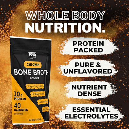 Premium Chicken Bone Broth Powder, 10 servings, 100% Made & Sourced in USA, 10g protein for only 40 calories per serving, Non-GMO, Collagen & Nutrient Rich