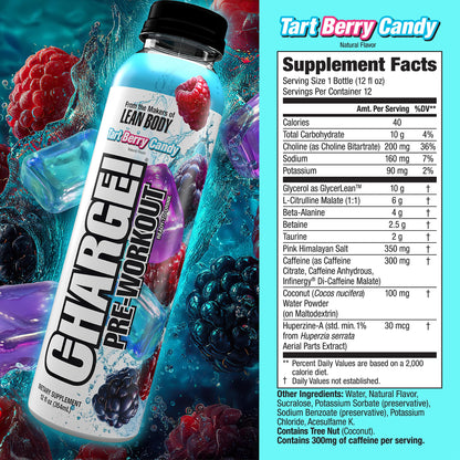 LABRADA Charge Pre Workout Tart Berry Candy RTD Drink – Pump, Energy, Endurance Formula with 10g Glycerol, 6g L-Citrulline Malate, 4g Beta Alanine, 300mg Caffeine, + Complete Hydration Support, 12 Serving