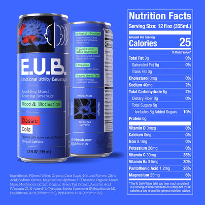 E.U.B. Classic Cola Sparkling Functional Beverage, 12oz Can, 50mg Caffeine, 25 Calories, with Nootropics & Adaptogens for Mood & Energy Support