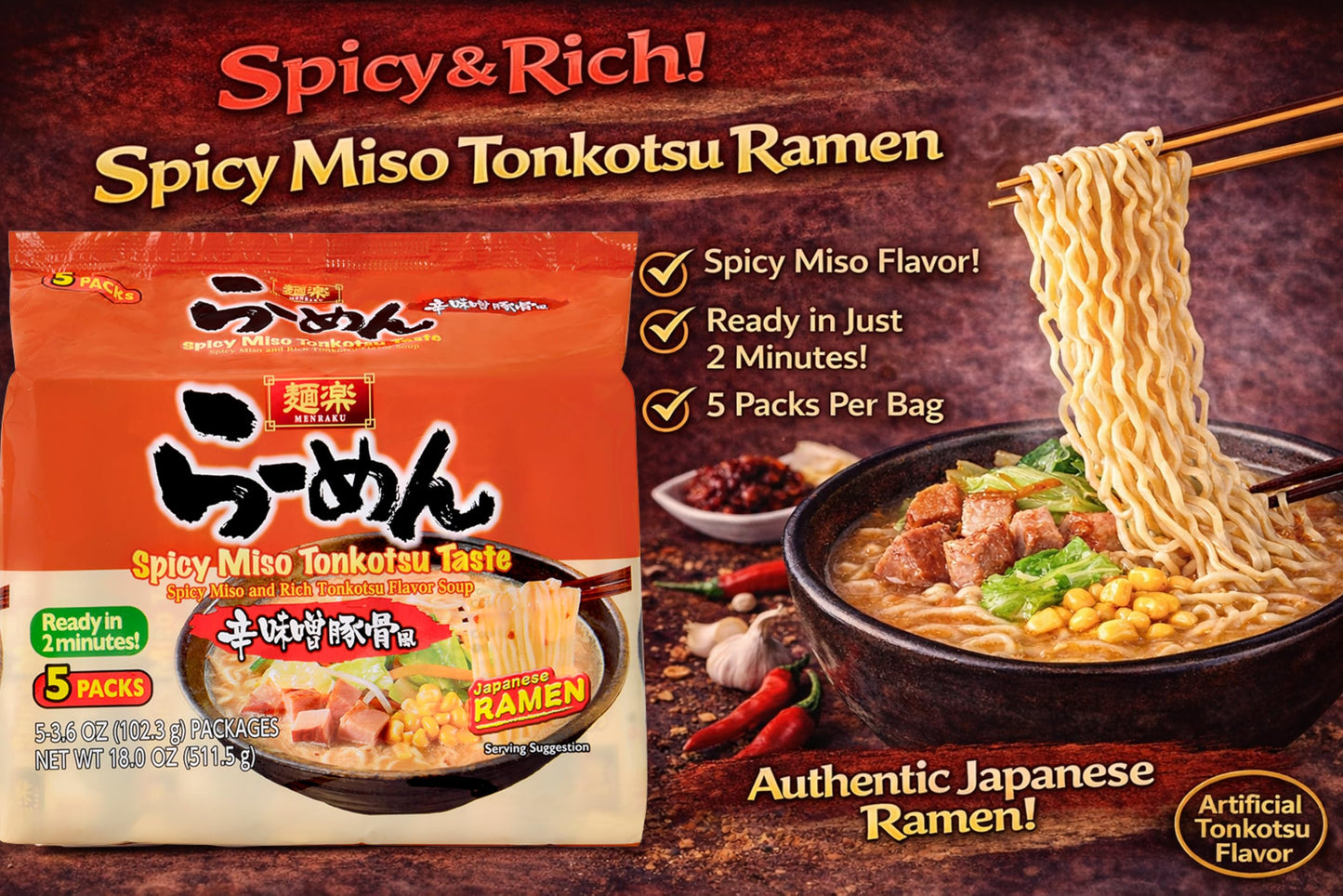 Hikari Menraku Ramen Spicy Miso Tonkotsu Japanese Instant Noodle Soup, 5 Pack, 18 Oz