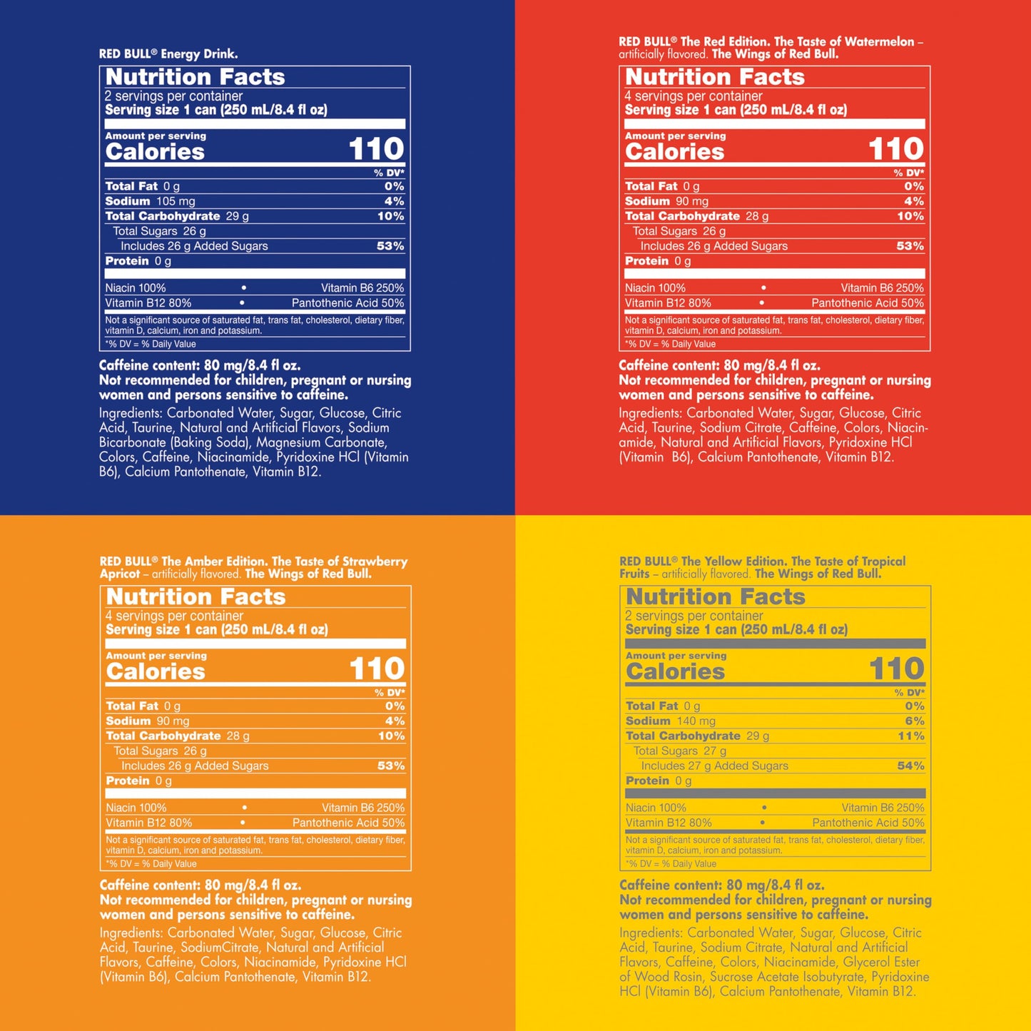 Red Bull Energy Drink Variety, Red-Bull Red, Yellow, and Amber Edition and Energy Drinks, 8.4 Fl Oz, Cans, (Pack of 48)