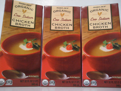 Trader Joe's Organic Low Sodium Chicken Broth, 3-pack. (3)- 32oz Cartons.