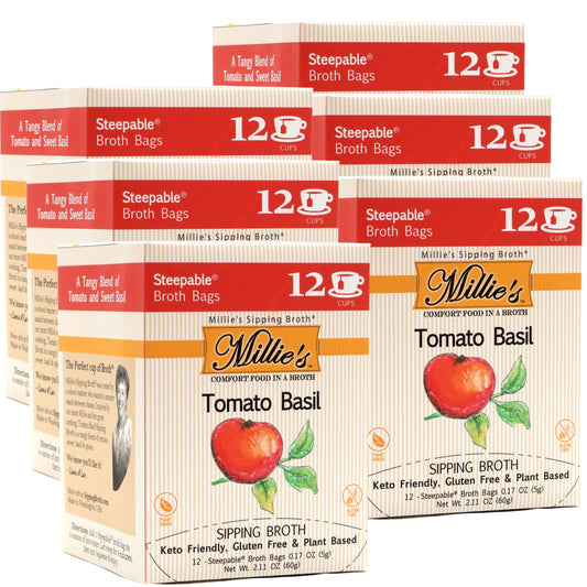 MILLIE'S TOMATO BASIL SIPPING BROTH | Vegetable Broth with Savory Seasonings for Snack Urges | Vegan, Keto, Gluten Free, Intermittent Fasting, and natural | (6 Pack - 72 Broth Bags Total)