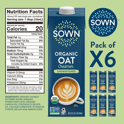 SOWN Organic Oat Creamer Unsweetened - Barista Oat Milk Non Dairy Coffee Creamer - Plant Based, Dairy-Free, Vegan, 0g Added Sugar, Gluten-Free, Non-GMO, Shelf Stable - 32oz (Pack of 6)