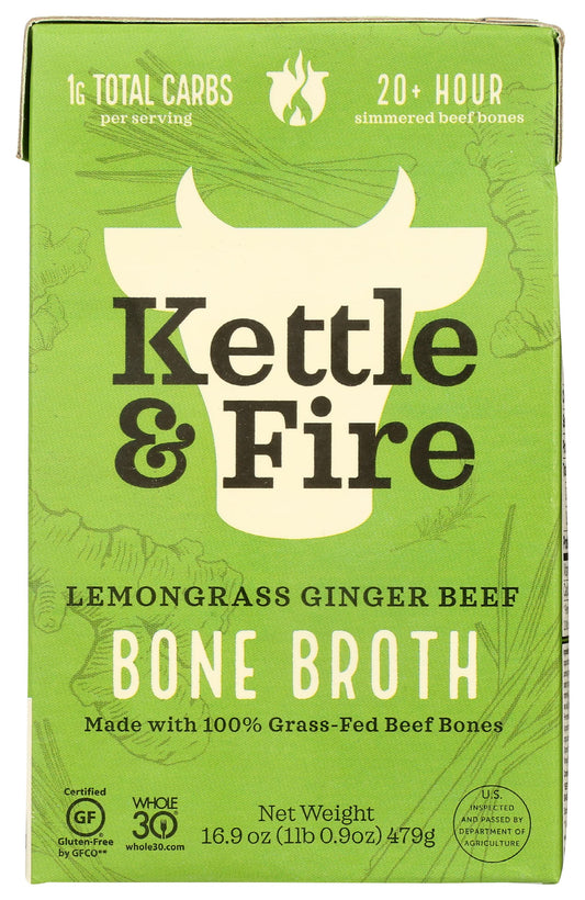 Kettle and Fire Organic Lemongrass Ginger Beef Bone Broth, USDA Organic, Gluten Free, Preservatives Free, 16.9 Fluid Ounce (Pack of 6)