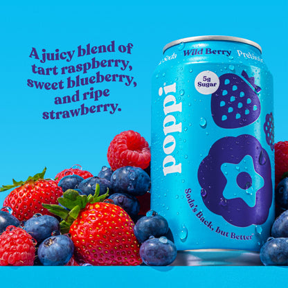 Poppi Sparkling Prebiotic Soda Beverage with Apple Cider Vinegar, Seltzer Water and Fruit Juice, Wild Berry Flavor, 12 oz, Pack of 12, Packaging May Vary.