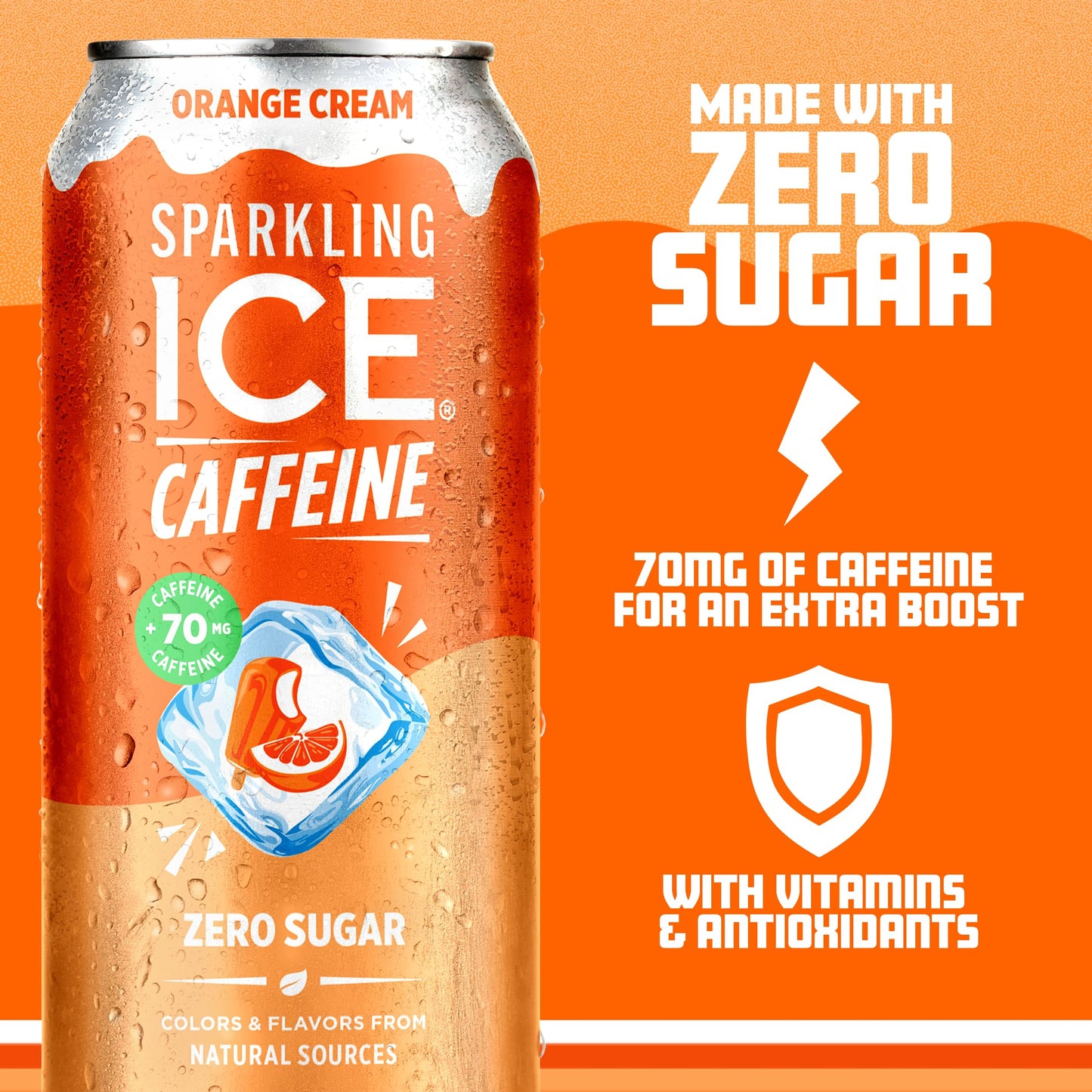 Sparkling Ice® Caffeine Soda Shoppe Orange Cream Perfectly Caffeinated® Sparkling Water with 70mg Caffeine, Zero Sugar, with Antioxidants and Vitamins, 16 fl oz Cans (Pack Of 12)