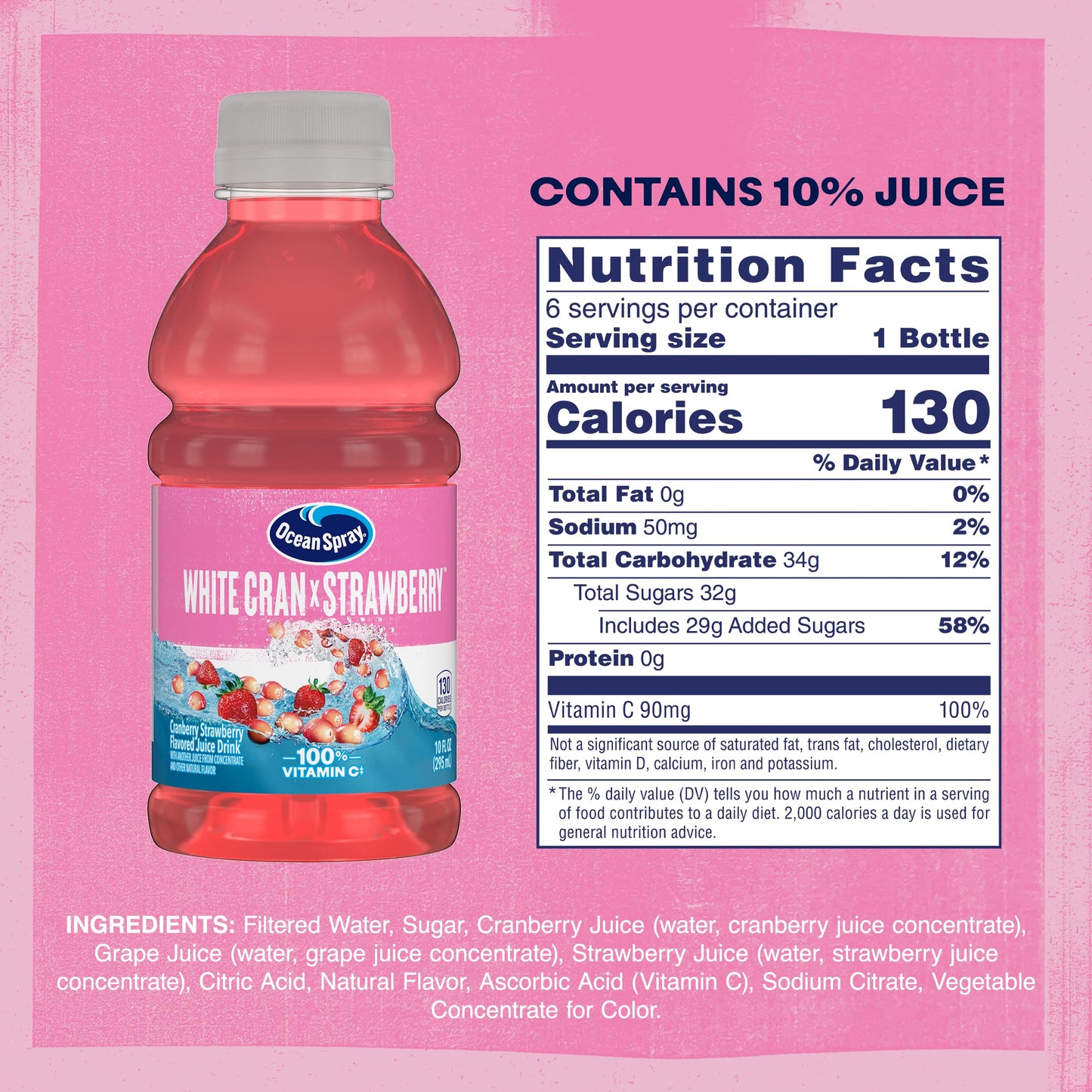 Ocean Spray® White Cranberry Strawberry Juice Drink, 10 Fl Oz Bottles, 6 Count (Pack of 4)