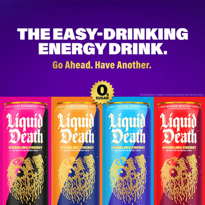 Liquid Death Sparkling Energy Variety Pack, Zero Sugar Energy Drink, Unextreme Caffeine 100mg, Essential Vitamins, 3 Flavors: Strawberry, Orange, and Murder Mystery, 12 Fl Oz (Pack of 12)