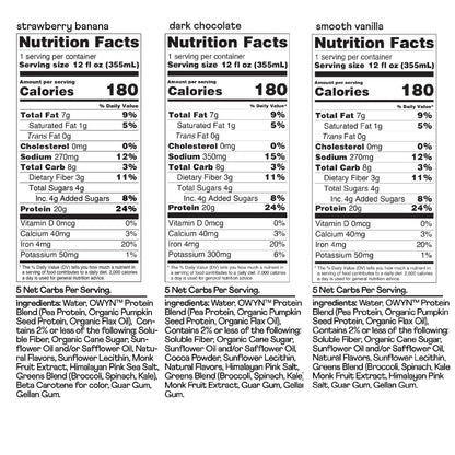 OWYN Only What You Need Protein Shake, 20g Vegan Protein, Ready to Drink, Dairy Free, Great Taste, 4g Sugar, 5g Net Carbs, Strawberry Banana Variety Pack, 12 Fl Oz (12 Pack)