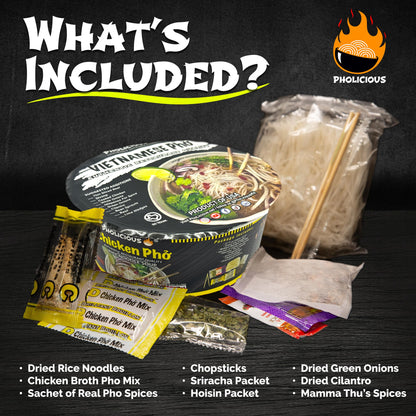 PhoLicious Instant Chicken Pho, Authentic Vietnamese Rice Noodle Soup Kit with Spices & Broth Mix, Ramen Noodles Alternative, Quick Microwave Meal - Pho Noodles Bowl - Chicken Flavor (4 Pack)