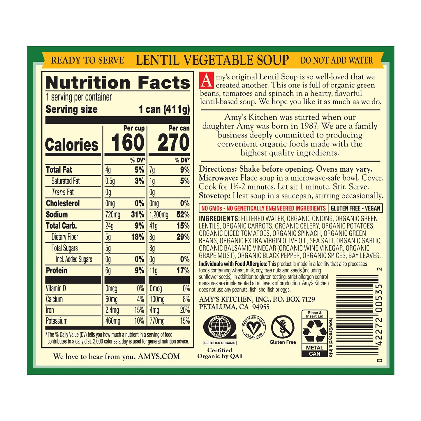 Amy's Organic Lentil Vegetable Soup, 14.5 OZ