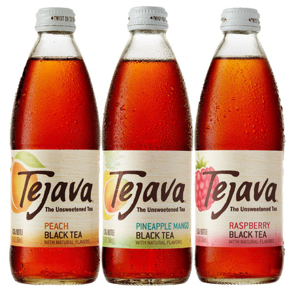 Tejava Black Tea Sampler, 12 ounce (12-Pack) Glass, Unsweetened, Peach, Raspberry and Pineapple-Mango, Ready-to-Drink Premium Iced Tea