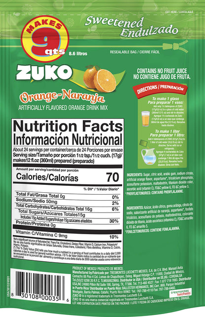 Zuko Orange Instant Powder Drink Family Pack, 14.1 oz, Pack of 6