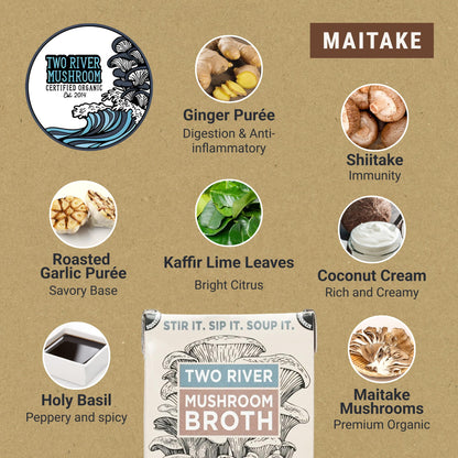 Two River Maitake Mushroom Broth | Organic Vegan Bone Broth Alternative, Creamy Coconut Curry Sipping Drink for Soup & Curries | Plant Based Gluten Free Meal, Ready to Sip – 17.6 fl oz (Pack of 4)
