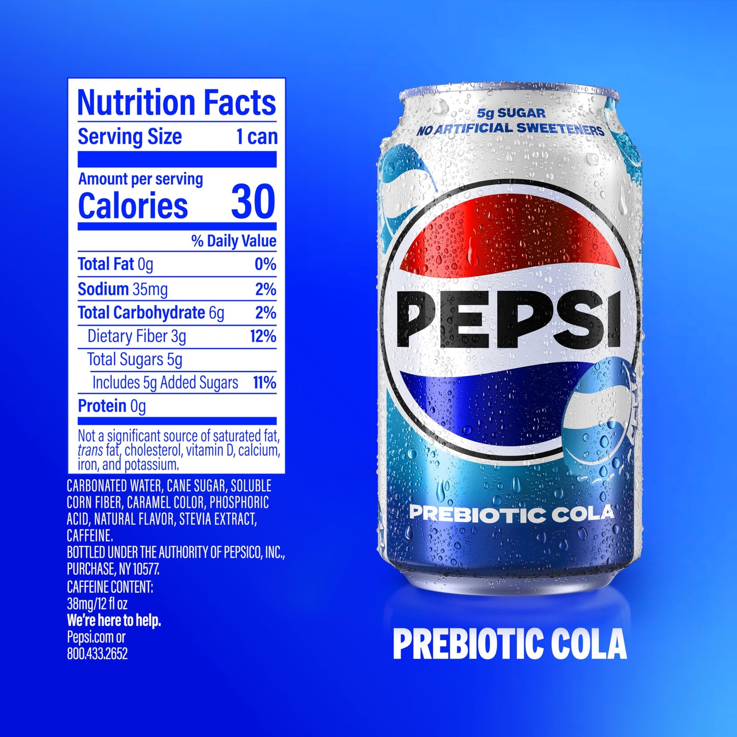 Pepsi Prebiotic Cola, 12 fl oz Can, 30 Calories, 5g Prebiotic Fiber, 5g Sugar, Soda Pop