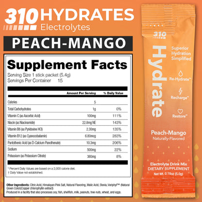 310 Nutrition Sugar Free Electrolytes Powder - Instant Hydration Packets for Daily Fluid Balance - Caffeine-Free Rehydration Drink Mix, Low Calorie & Keto Friendly - Watermelon 15 Singles