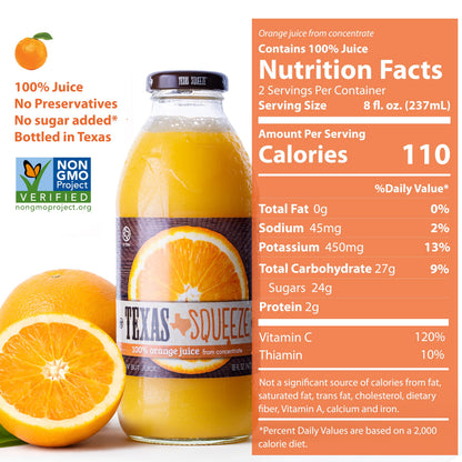 Texas Squeeze Orange Juice, NON GMO Verified, Texas Grown and Bottled, Orange Juice from Concentrate, No Sugar Added, No Preservatives, 16 fl oz, Pack of 12