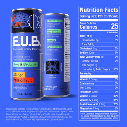 E.U.B. Mango Passionfruit Sparkling Functional Beverage, 12oz Can, 50mg Caffeine, 25 Calories, with Nootropics & Adaptogens for Mood & Energy Support