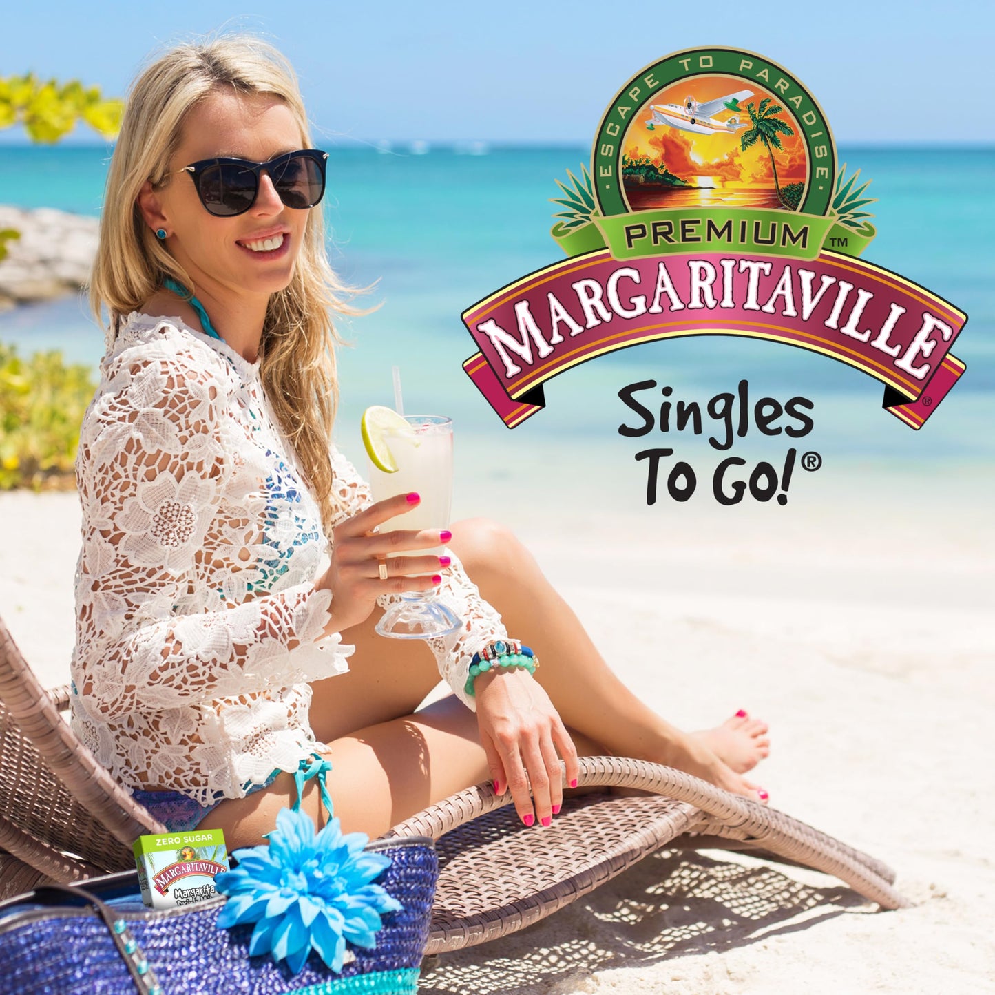 SINGLES TO GO! Margaritaville Water Drink Mix, Variety Pack, Includes 4 Flavors: Caribbean Fruit Punch, Pina Colada, Strawberry Daiquiri, And Margarita,1 Box (40 Single Servings)