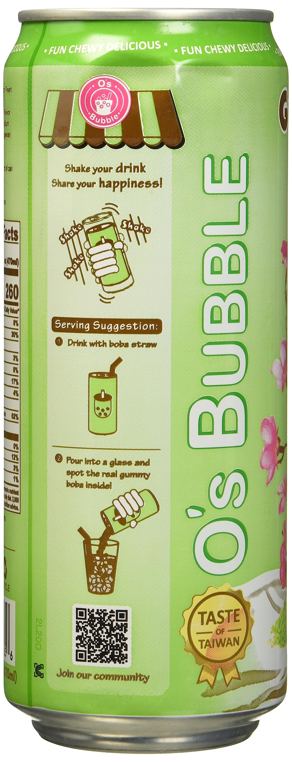 O's Bubble Gummy Boba Latte Canned Bubble Tea Drink With Chewy Boba Pearls (Konjac), 22% whole milk blend, 470ml(15.9 fl oz/can), MATCHA, (Pack of 12)