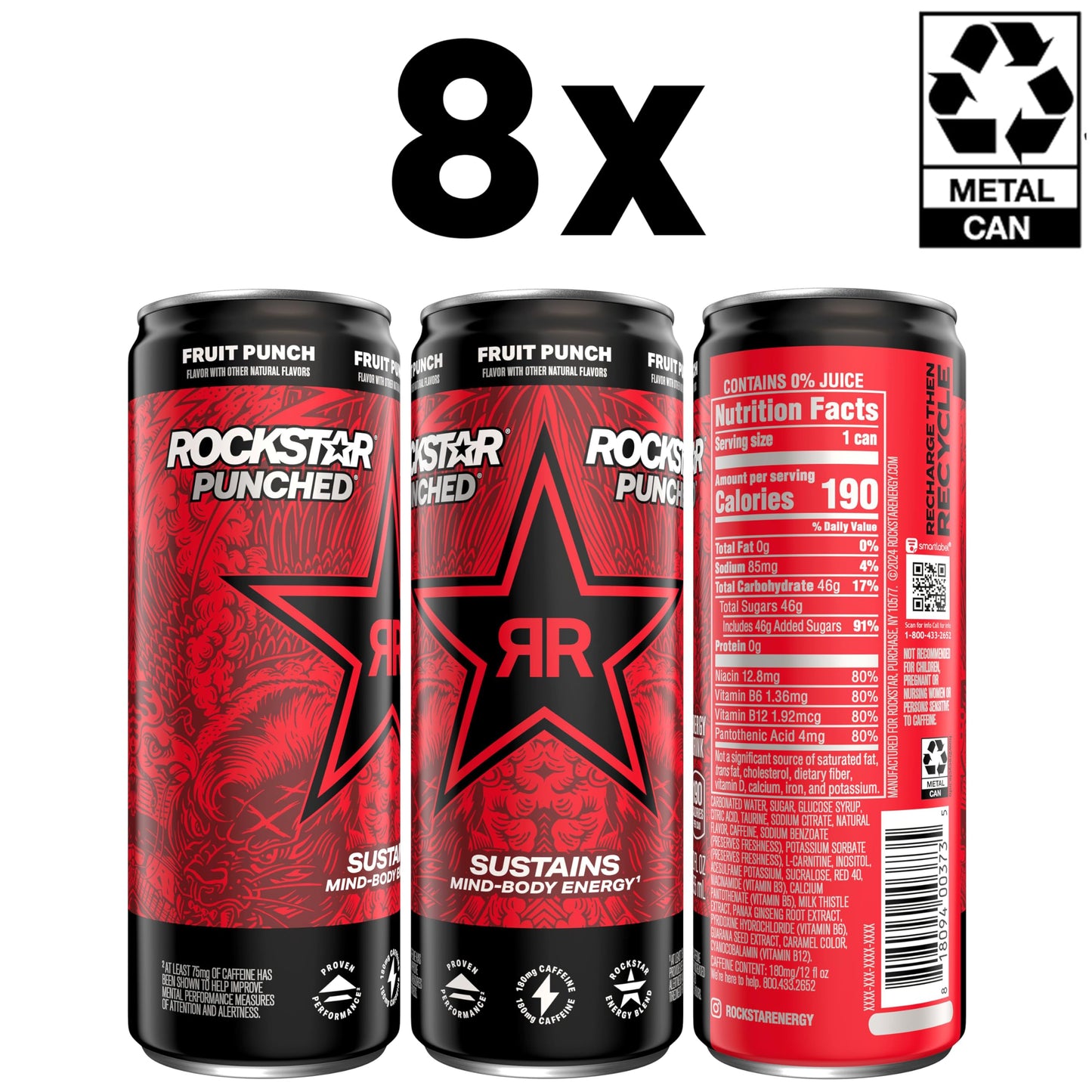 Rockstar Energy Drink, Fruit Punched, 12oz Sleek Cans (8 Pack)
