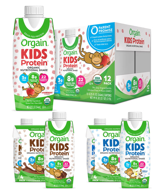 Orgain Organic Kids Protein Nutritional Shake, Strawberry + Chocolate + Vanilla, 8.25 Fl Oz (Pack of 4)
