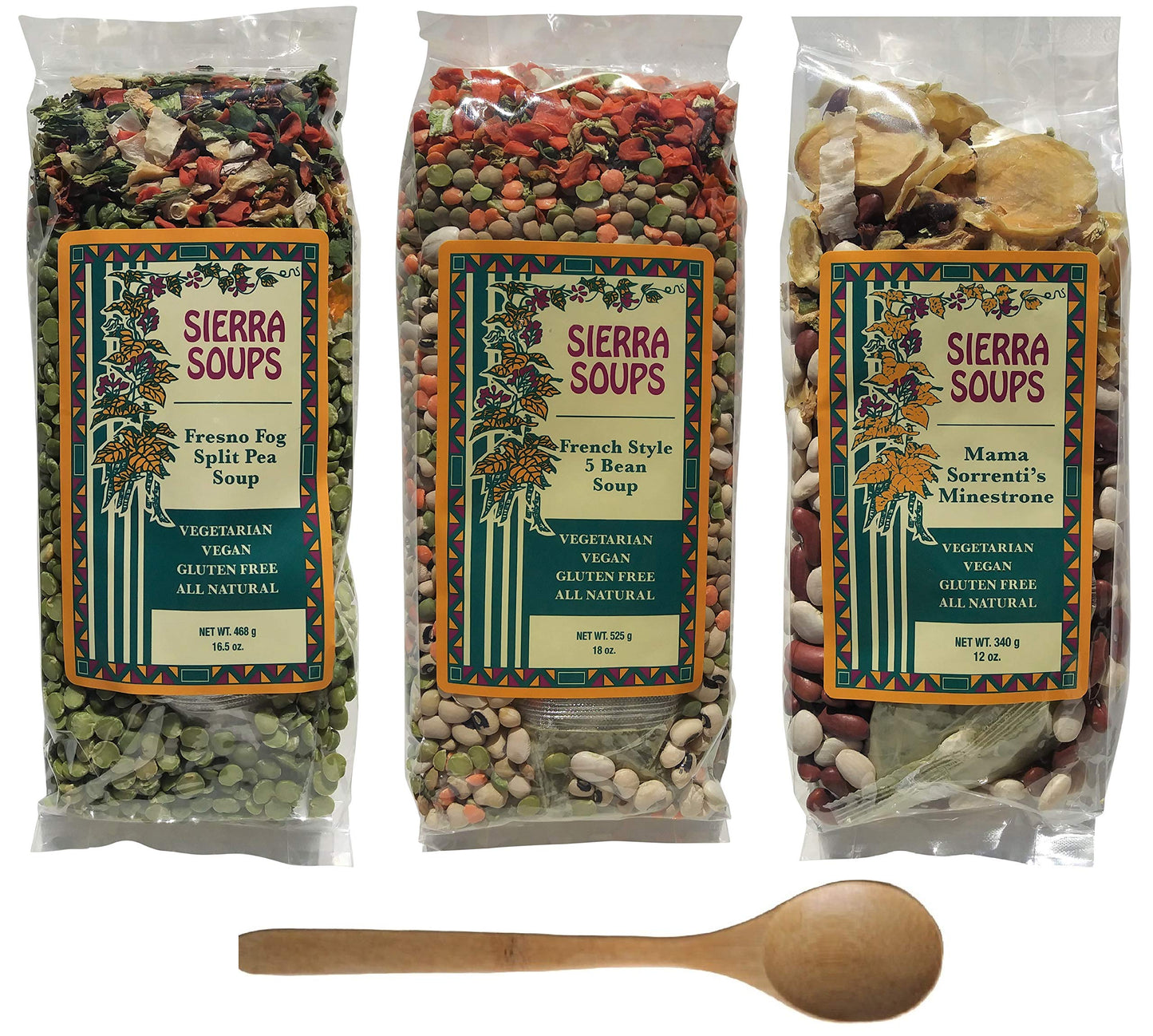 Sierra Soups Healthy, Hearty, All Natural and Gluten Free Soups - 3 Pack Assortment: Fresno Fog Split Pea, French Style 5 Bean & Mama Sorrenti’s Minestrone. Includes Soup Spoon