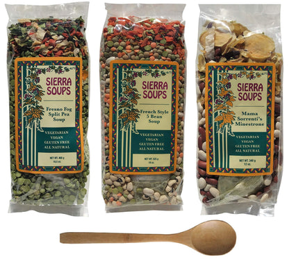 Sierra Soups Healthy, Hearty, All Natural and Gluten Free Soups - 3 Pack Assortment: Fresno Fog Split Pea, French Style 5 Bean & Mama Sorrenti’s Minestrone. Includes Soup Spoon